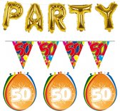 Folat - Verjaardag feestversiering 50 jaar PARTY letters en 16x ballonnen met 2x plastic vlaggetjes