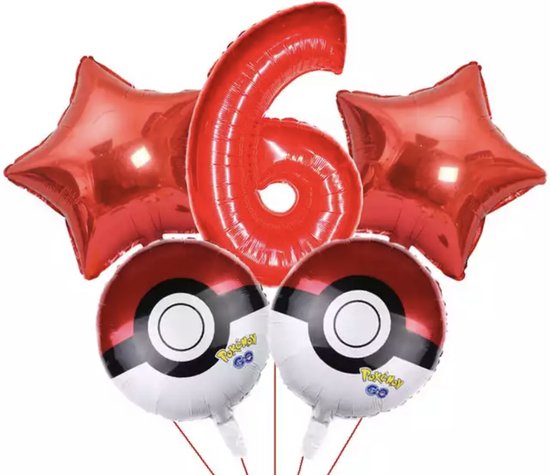 Pokemon feestversiering -Pokemon Ballonnen - Pikachu Ballon - Pokemon Feestpakket - Kinderfeestje Pokemon -Verjaardagsfeest - Ballonnen Pakket - Leeftijd Ballon 6 jaar - Ballonnen 5 stuks - Pikachu Ballon - Themafeest Pokemon/Pikachu/Pokebol