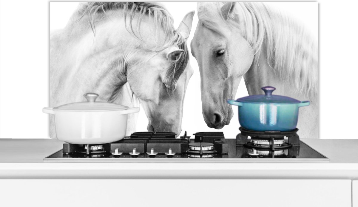 Spatscherm keuken 100x50 cm - Kookplaat achterwand Paard - Dieren - Portret - Wit - Muurbeschermer - Spatwand fornuis - Hoogwaardig aluminium