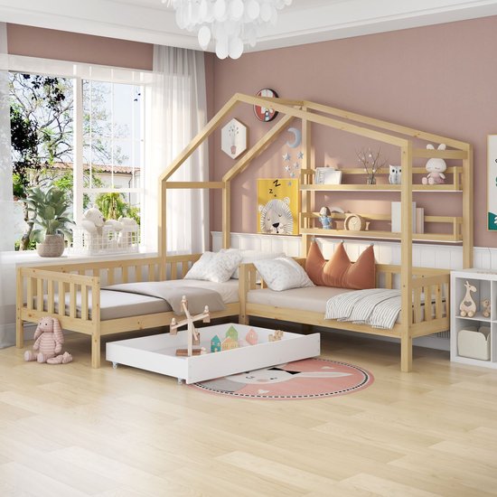 Lit cabane pour enfants avec tiroirs et étagères - bois massif avec clôture  et sommier... | bol.com