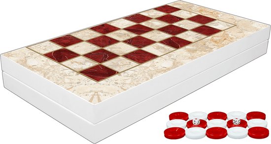 Thumbnail van een extra afbeelding van het spel Klassiek Backgammon Rood en wit marmer bordspel - Met schaakbord - Turks Tavla - Maat L 38cm