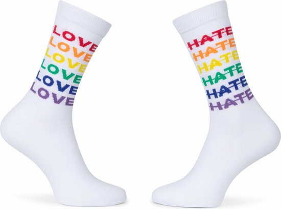 ALLPRIDE LGBTQIA regenboog rainbow pride sokken socks maat 41/46 wit love hate