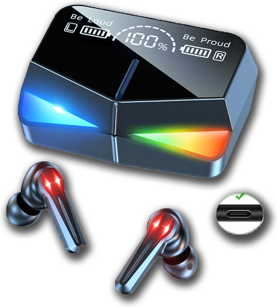 MYM-GM28 Draadloze Bluetooth 5.1 Gaming en Muziek oordopjes - omnidirectionele stereo - ultra lage latentie - RGB verlichting met 7 kleuren - Dual kanaals HD geluid - pole-style met sterke batterij