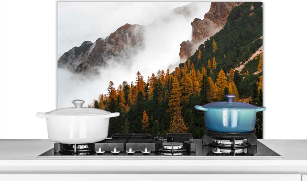 Spatscherm - Berg - Boom - Natuur - Mist - Achterwand keuken - 80x55 cm - Spatwand