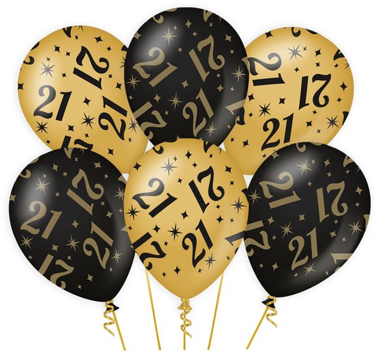 21 Jaar Verjaardag Decoratie Versiering - Feest Versiering - 6x Ballonnen - Man & Vrouw - Zwart en Goud - Ballon