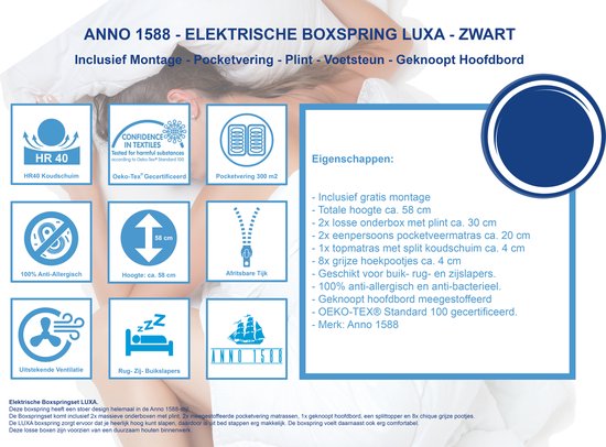 Informatiepagina voor zwarte elektrische boxspring LUXA: HR 40 schuim, Oeko-Tex, anti-allergisch, ventilatie, 58 cm hoog, ritssluiting.
