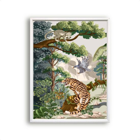 Postercity - Poster Vintage Jungle Dieren Tijger Aap Vogel links - Jungle / Safari Poster - Kinderkamer / Babykamer - 80x60cm