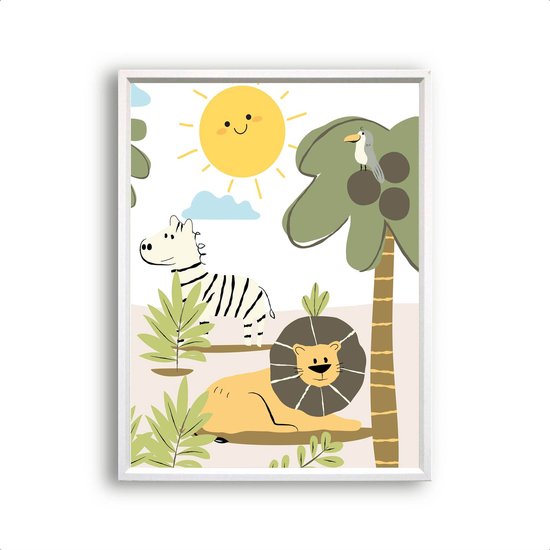 Postercity - Poster Blije Jungle Dieren Leeuw Zebra Papagaai midden - Jungle / Safari Poster - Kinderkamer / Babykamer  - 70x50cm