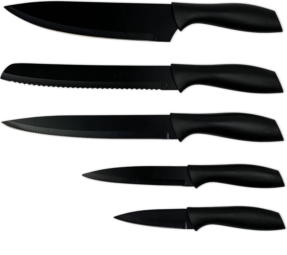 MDO luxe messenset - 5-delig - Santoku-mes - Broodmes - Vleesmes - Schilmes - RVS - antikleeflaag - Zwart