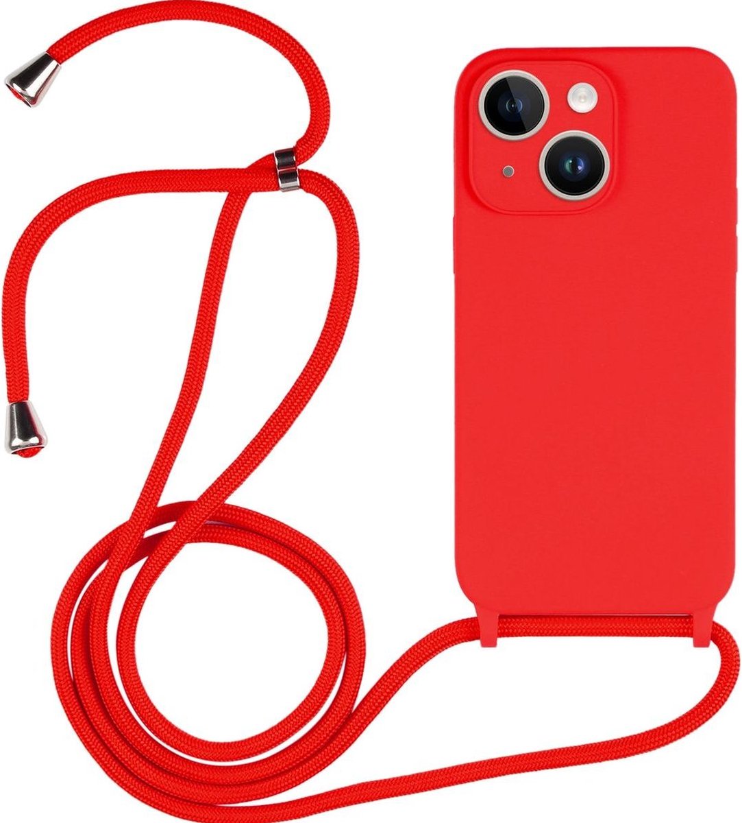 Mobigear Telefoonhoesje geschikt voor Apple iPhone 14 Siliconen | Mobigear Lanyard Hoesje met koord - Rood