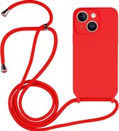 Mobigear Telefoonhoesje geschikt voor Apple iPhone 14 Plus Siliconen | Mobigear Lanyard Hoesje met koord - Rood