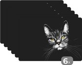 Placemat - Placemats kunststof - Huisdieren - Kat - Dieren - Zwart - Wit - 45x30 cm - 6 stuks - Hittebestendig - Anti-Slip - Onderlegger - Afneembaar
