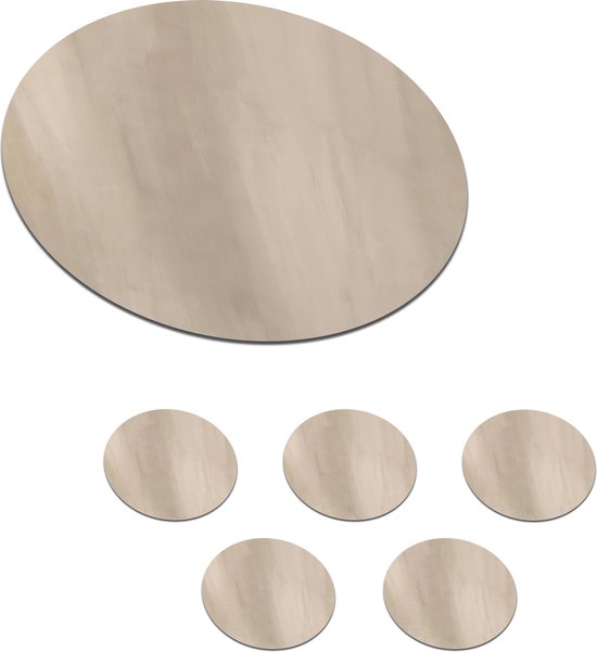 Ensemble de six sous-verres ronds couleur taupe sur fond blanc.