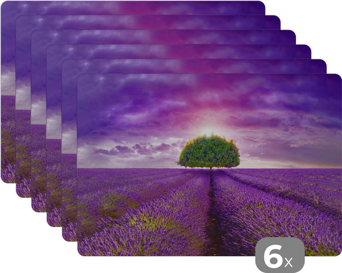 Placemat - Placemats kunststof - Lavendel - Boom - Paars - Wolken - 45x30 cm - 6 stuks - Hittebestendig - Anti-Slip - Onderlegger - Afneembaar