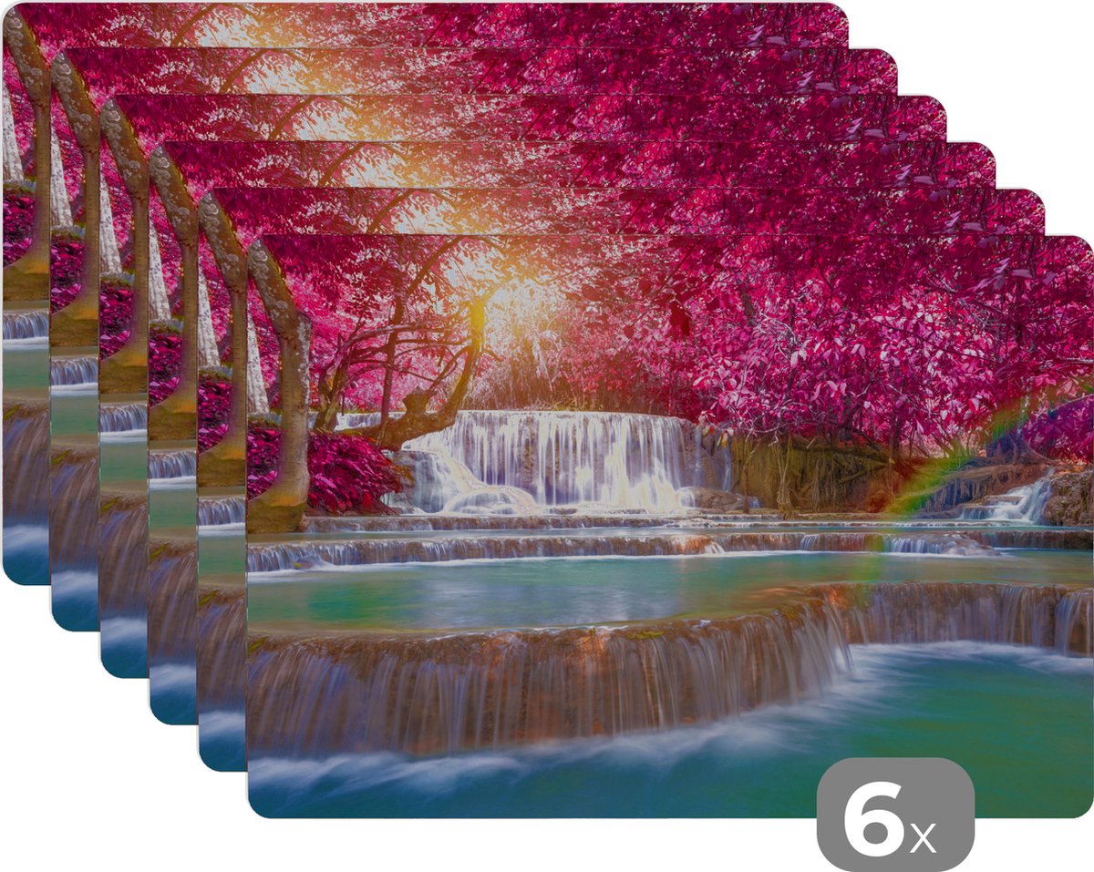 Placemat - Placemats kunststof - Waterval - Regenboog - Bomen - Roze - Natuur - 45x30 cm - 6 stuks - Hittebestendig - Anti-Slip - Onderlegger - Afneembaar