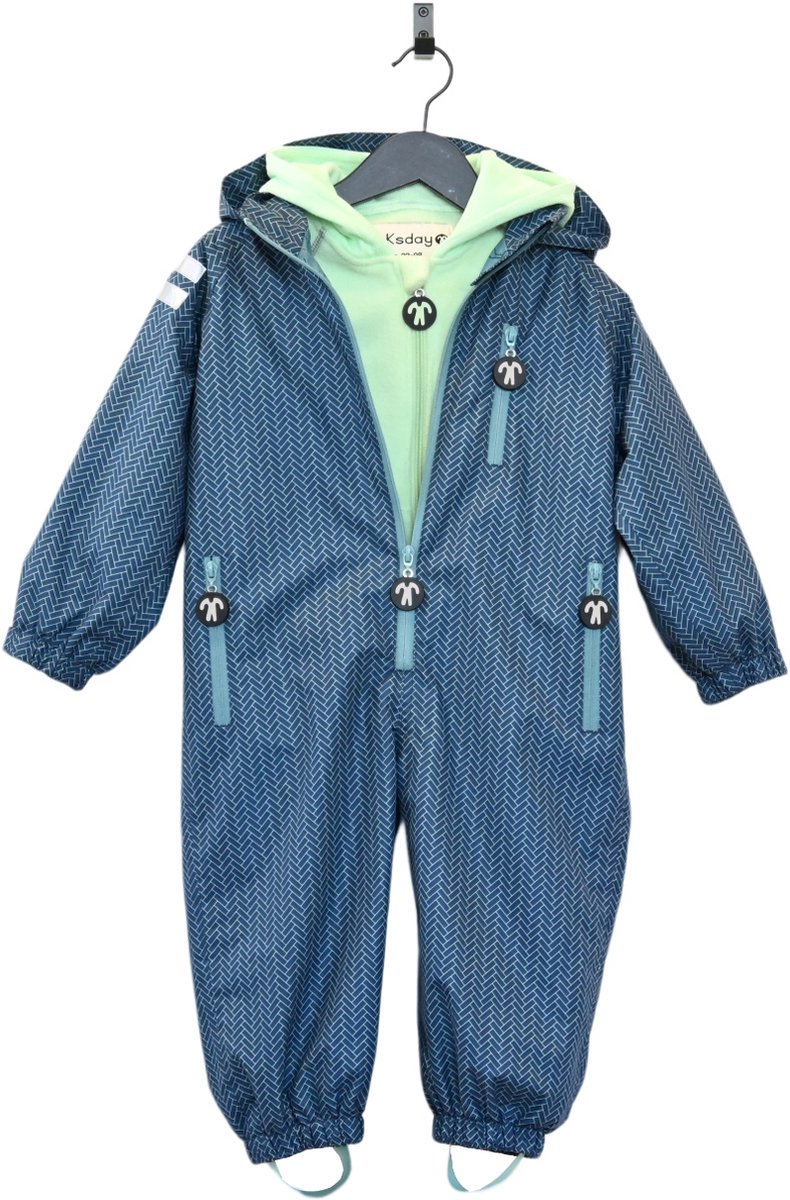 Ducksday – Geschenkset Regenpak + fleece onesie – voor kinderen – peuters - Kerstpakket – Promo – Maat 80-86 – Ranger - Blauw - Munt