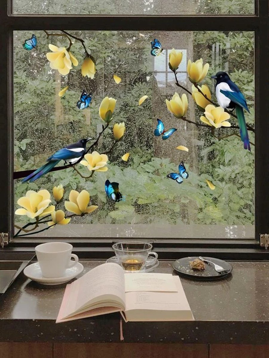 Muursticker - Raamsticker Vogels - Ekster / Eksters op Magnolia Tak - Winter - Muur Sticker / Raam sticker Keuken – Handgeschilderd | Kinderkamer | Jongens – Meisjes – Baby | Decor - Poster | Verwijderbaar – Zelfklevend plakfolie | DH Collection