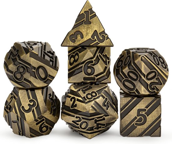 Thumbnail van een extra afbeelding van het spel DnD Striped Metal dice set - Incl. Blazium Dice Tray & Metal Dragon Case – Ancient Brass – Dungeons and Dragons metalen dobbelstenen