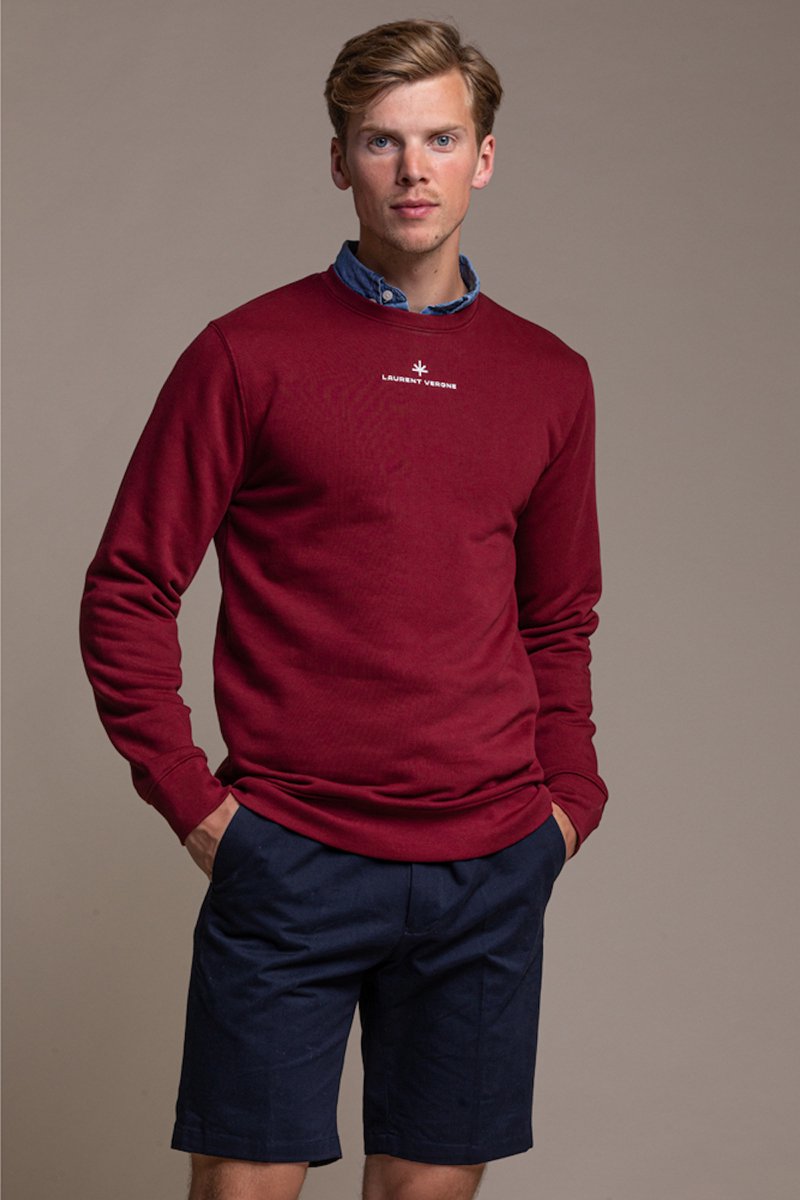 Laurent Vergne - Heren - Sweater Ronde Hals - Donkerrood - 100% Organic Katoen - maat L - Slim fit