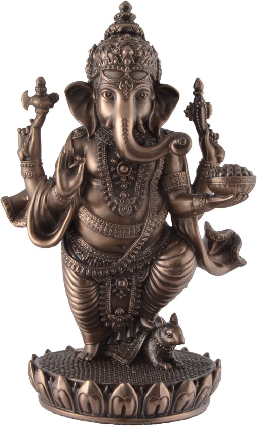 MadDeco - bronskleurig beeldje - Ganesha op lotusbloem - Hindoe god van kennis en wijsheid - polystone - handgemaakt - 13 cm hoog