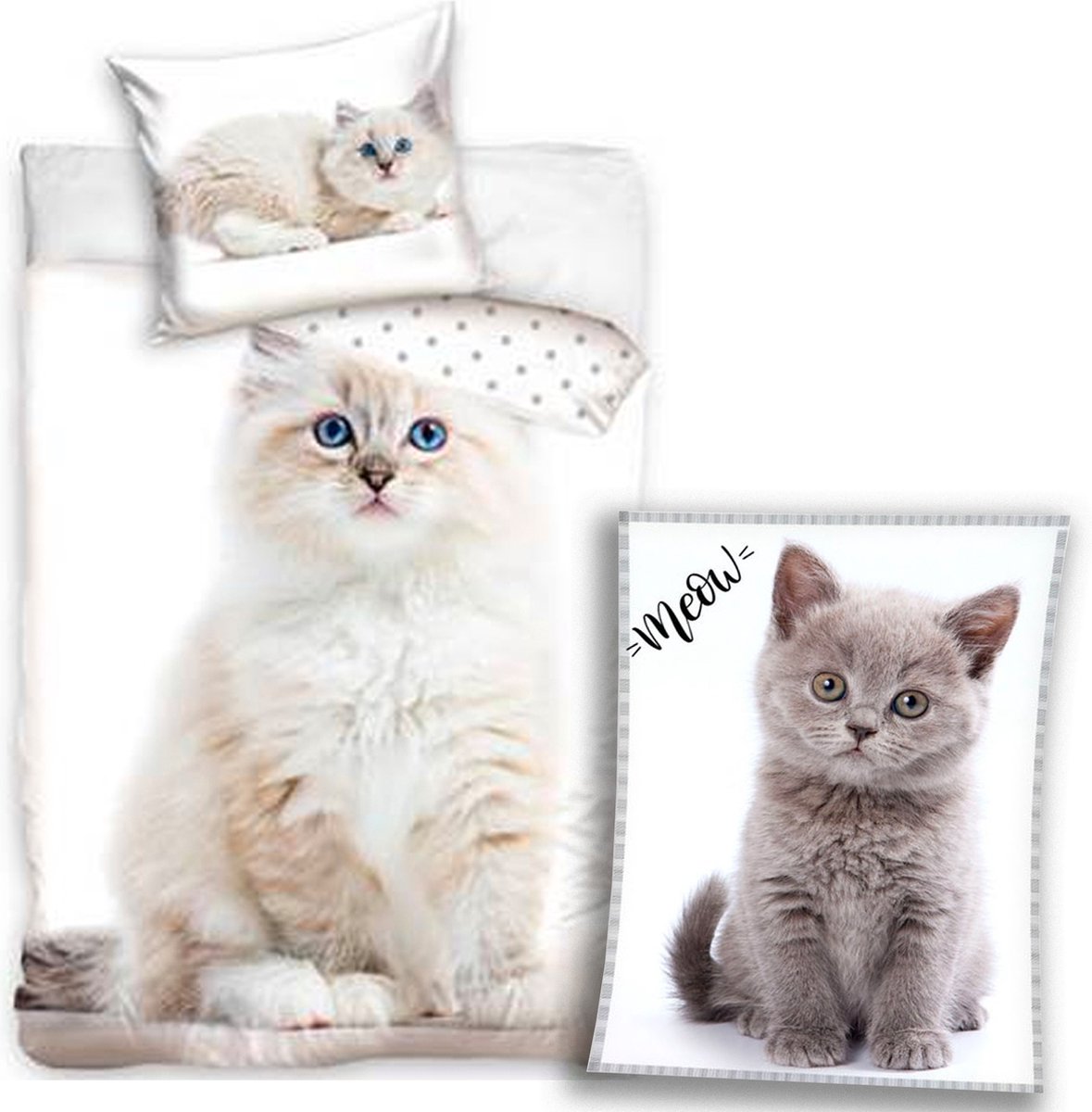 Dekbedovertrek Kitten- Poesje- witte Pers- 1 persoons 140x200- Katoen- dekbed kat, incl. Fleeceplaid Kat - 150 x 200 cm- deken.