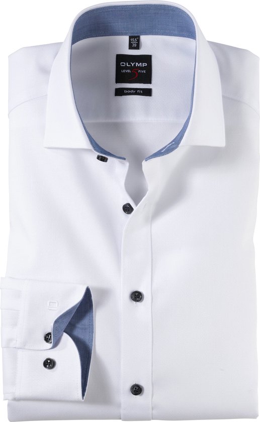 OLYMP Level 5 body fit overhemd - wit structuur (blauw contrast) - Strijkvriendelijk - Boordmaat: 44
