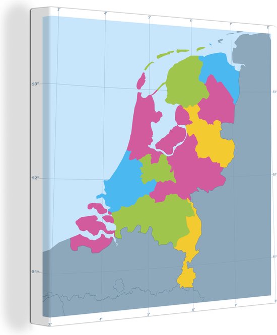 Canvas Schilderij Kleurrijke illustratie van een kaart van Nederland - 50x50 cm - Wanddecoratie
