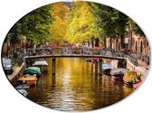 WallClassics - Dibond Ovaal - Amsterdamse Grachten met Bootjes - 40x30 cm Foto op Ovaal (Met Ophangsysteem)
