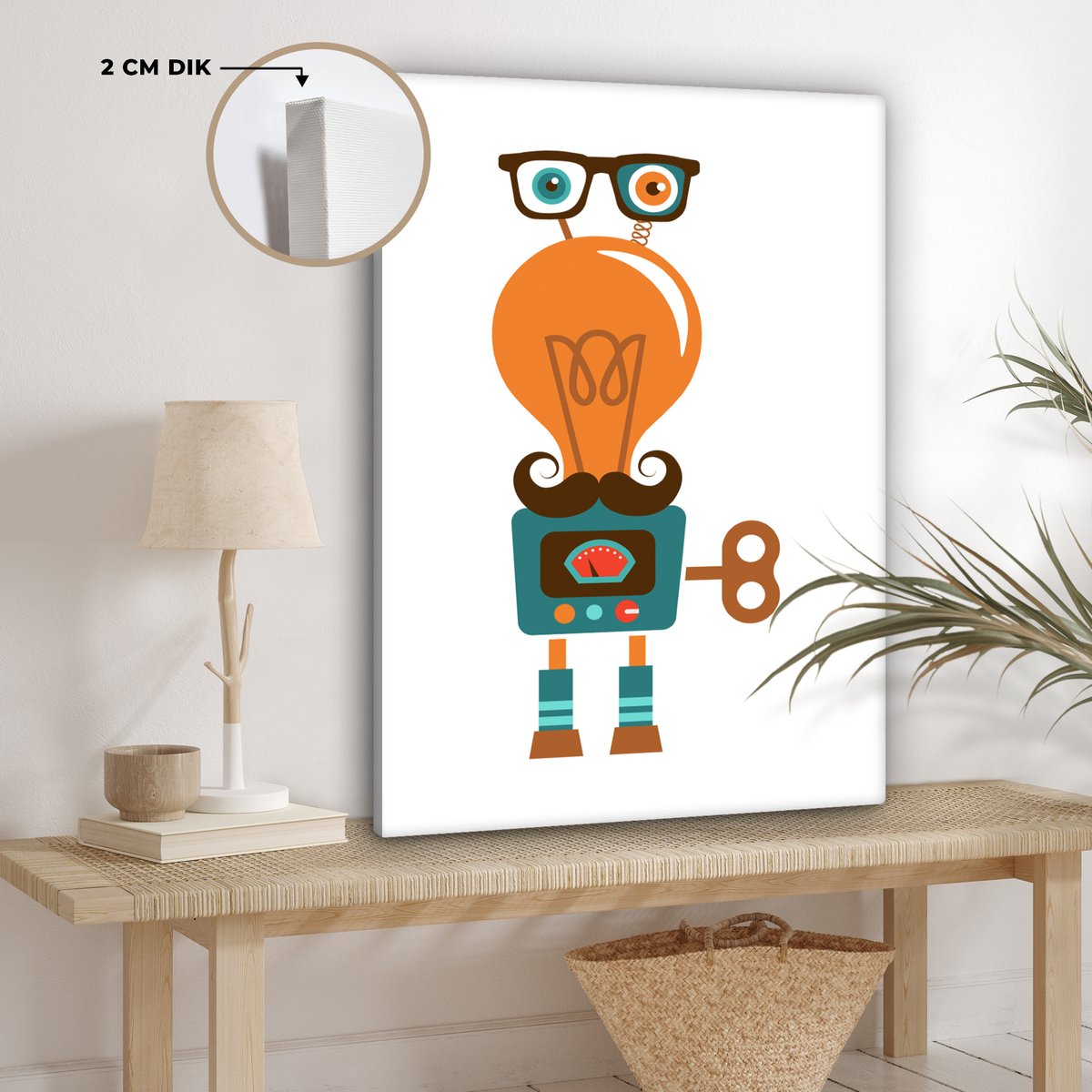 Canvas schilderij 60x90 cm - Wanddecoratie Robot - Bril - Gloeilamp - Snor - Kinderen - Jo