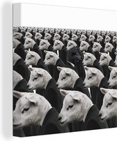 Canvas Schilderij Zwart schaap tussen witte schapen - 50x50 cm - Wanddecoratie
