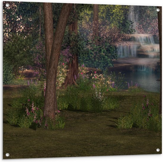 WallClassics - Tuinposter – Bloemen en Bomen bij Waterval - 100x100 cm Foto op Tuinposter  (wanddecoratie voor buiten en binnen)