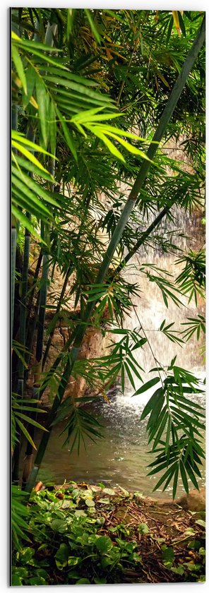WallClassics - Dibond - Bamboe bij Waterval - 30x90 cm Foto op Aluminium (Met Ophangsysteem)