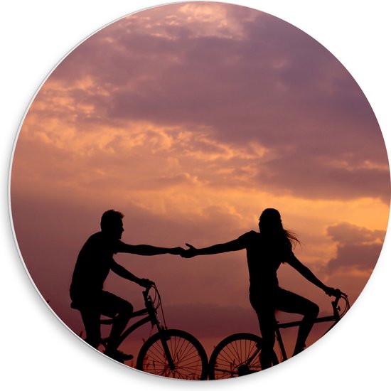 WallClassics - Plaque de Mousse PVC Cercle Mural - Silhouette de Couple Cycliste Main dans la Main - 50x50 cm Photo sur Cercle Mural (avec système d'accrochage)