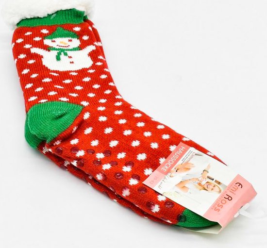 Merino Wollen Sokken  - Rood met Sneeuwpop- maat 35-38 - Kerstsokken - Huissokken - Antislip sokken - Warme sokken – Winter sokken