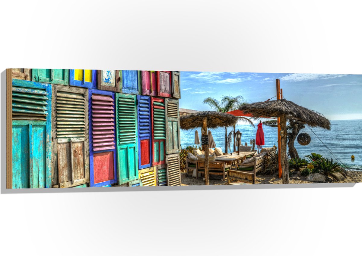 Hout - Bankjes en Parasol dicht aan het Water - 120x40 cm - 12 mm dik - Foto op Hout (Met