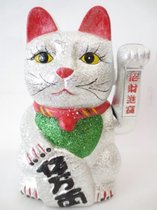 Lucky Cat glitter zilver (Middel) met beweegbare arm - nu met gratis gelukspoppetje