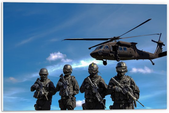 WallClassics - PVC Schuimplaat- Rij Soldaten bij Legerhelikopter - 60x40 cm Foto op PVC Schuimplaat