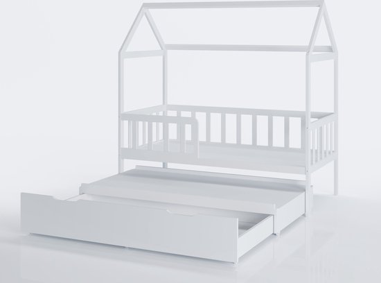 Maison de lit - lit enfant 160x80 cm - avec lit tiroir et lit d'appoint - blanc
