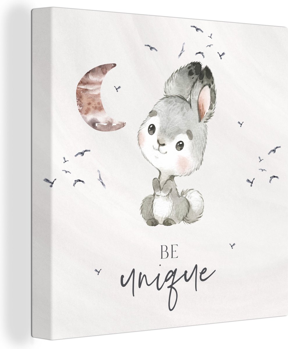 Canvas kinderen - Be unique - Quotes - Meisje - Konijn - Aquarelverf - Foto op canvas - Muurdecoratie - 20x20 cm - Kinderkamer decoratie - Foto op Canvas