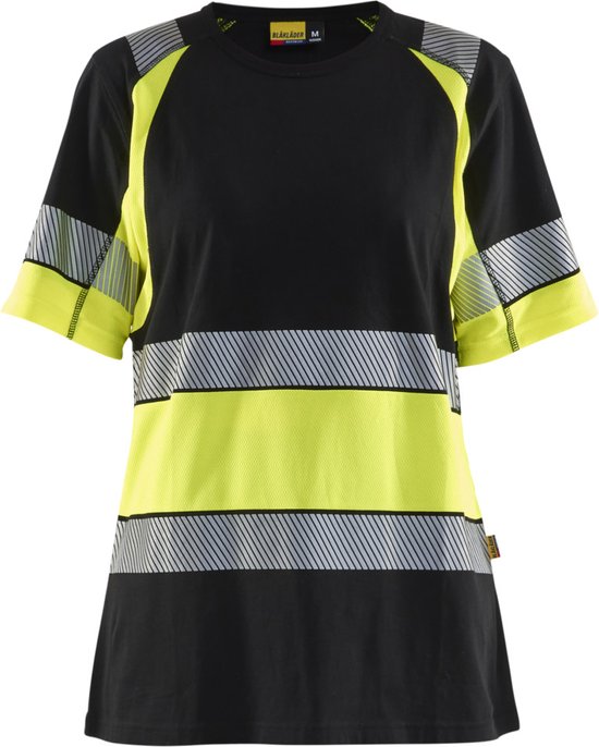 Zwart Blåkläder werkshirt met reflecterende strepen en hi-vis gele accenten op de schouders en mouwen.