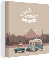 Canvas Schilderij Illustratie van een vintage caravan in de bergen - 50x50 cm - Wanddecoratie