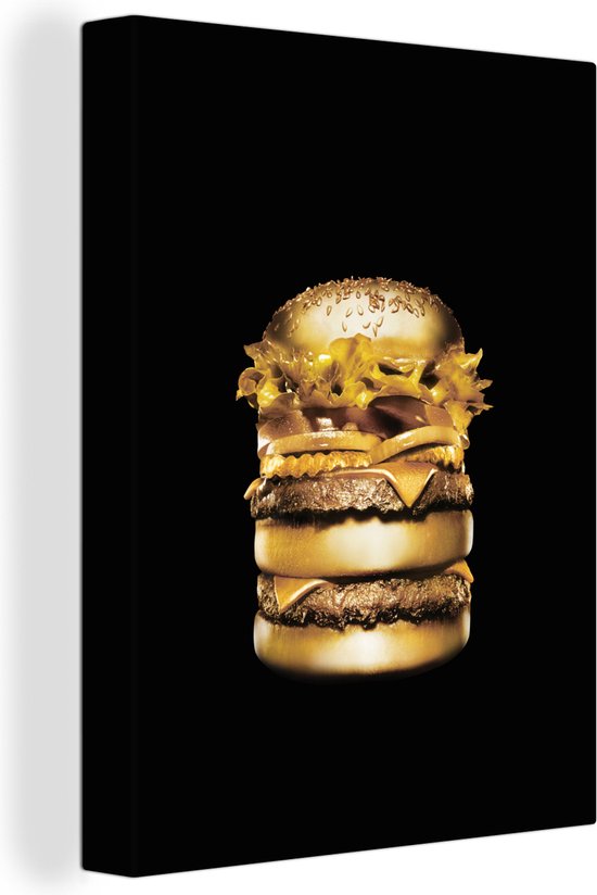 Canvas Schilderij Gouden hamburger op een zwarte achtergrond. - 30x40 cm - Wanddecoratie