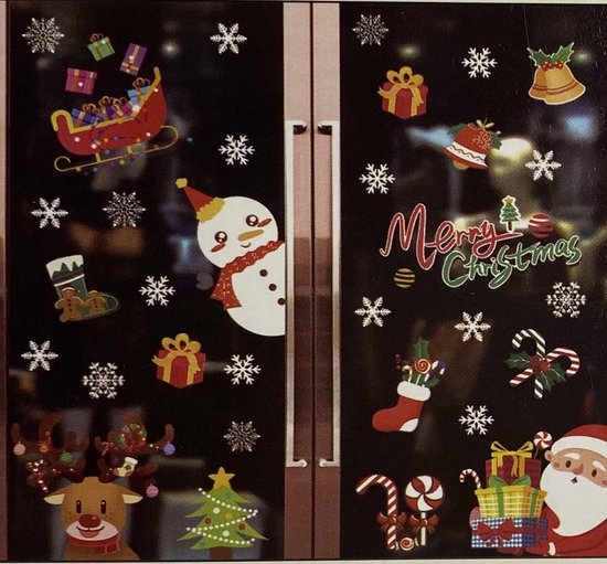 Kerst raamstickers - Kerstversiering – Kerststickers – Kerst raamdecoratie – Kerstdecoratie voor binnen – 6 vellen – Kerstman, Rendier, Merry Christmas en meer -Dubbelzijdige afbeelding