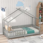 Huisbedden voor kinderen - groot bed met dak en hek - houten bedframe voor kinderen tieners meisjes en jongens - eenvoudige montage Volledig bed op de grond grijs 90x200cm