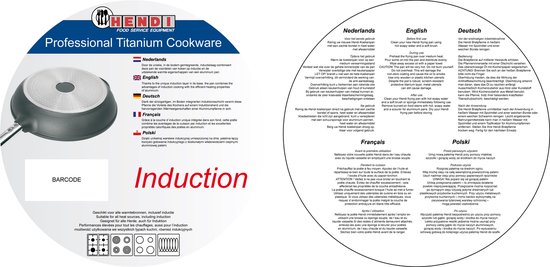 Emballage d'informations sur les ustensiles de cuisine HENDI Professional Titanium, avec du texte en plusieurs langues et une image de poêle.