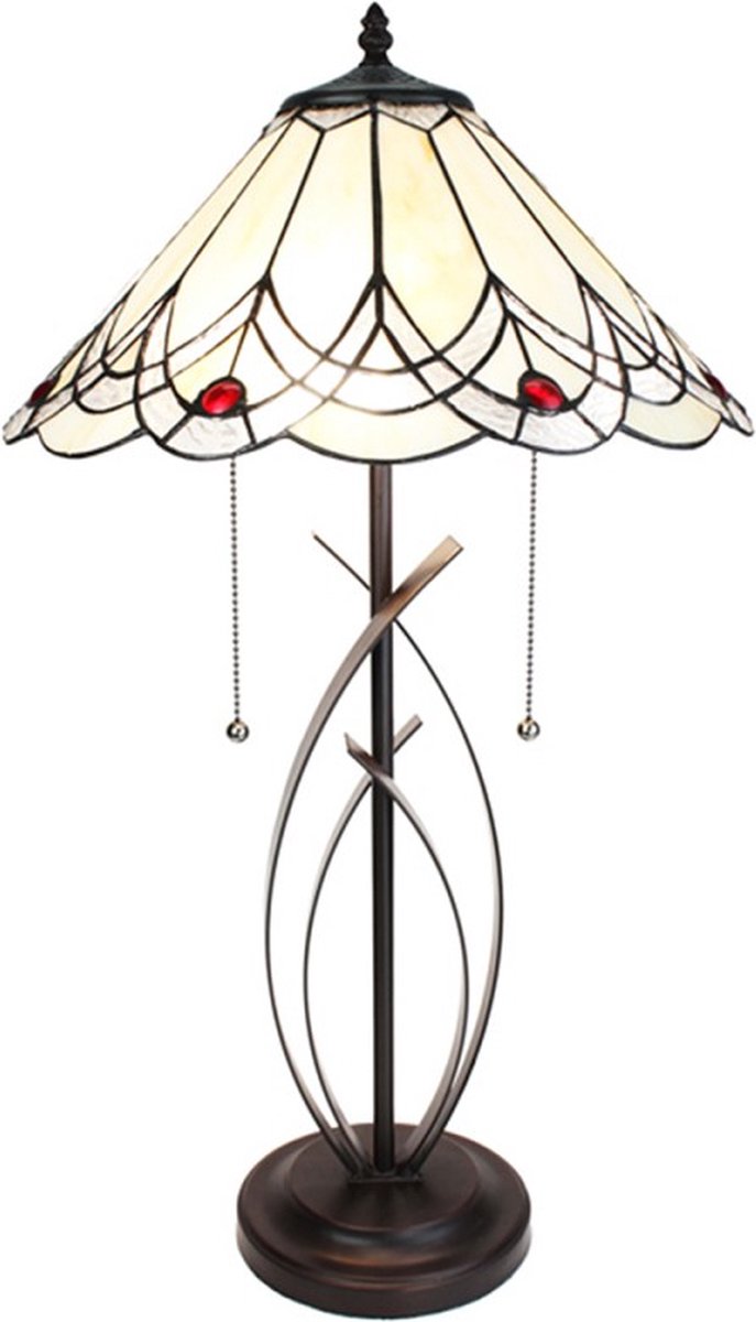 Tiffany Tafellamp Ø 39x69 cm Beige Glas Kunststof Rond Tiffany Bureaulamp Tiffany Lampen Glas in Lood
