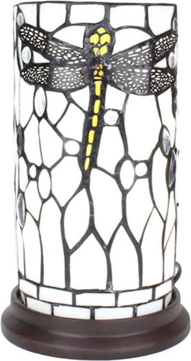 Tiffany Tafellamp Ø 15x26 cm Wit Grijs Glas Kunststof Rond Libelle Tiffany Bureaulamp Tiffany Lampen Glas in Lood