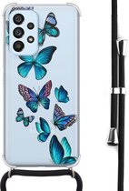 Hoesje met koord - Geschikt voor Samsung Galaxy A53 - Vlinders blauw - Verstelbaar zwart koord - Crossbody - Print / Illustratie - Transparant, Blauw - Leuke Telefoonhoesjes