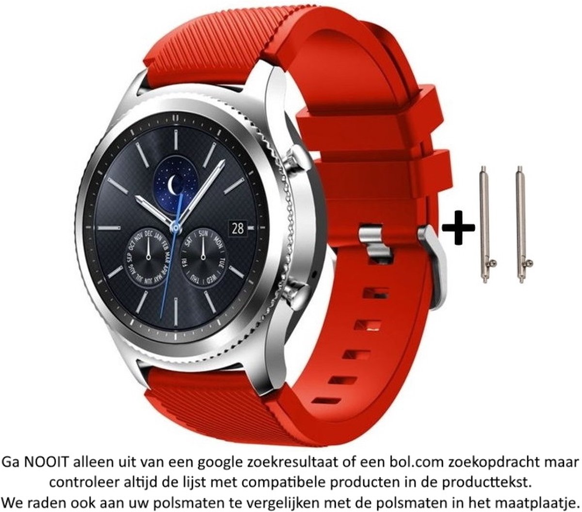 Rood Siliconen Bandje geschikt voor 22mm smartwatches van verschillende grote merken (zie lijst met compatibele modellen in producttekst) - Maat: zie maatfoto - 22 mm red rubber smartwatch strap