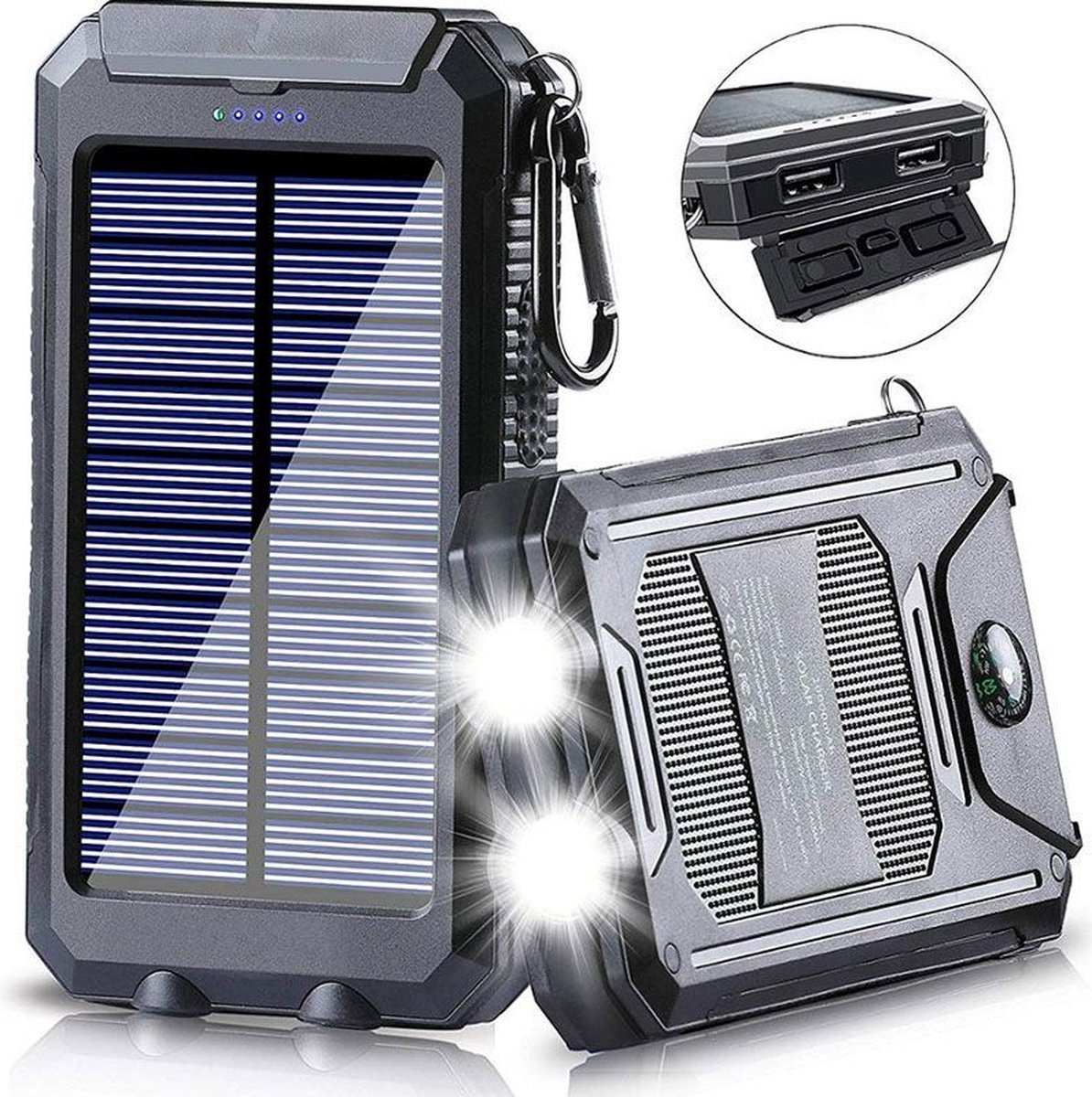 Solar Powerbank 20000mAh - Solar Charger - Waterdicht - iPhone & Samsung - Zonne-energie - Kompas - 2x USB - Micro USB - Zwart
